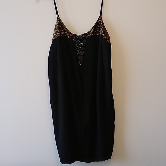 Club Monaco Sequinned Black Silk Crinkle Chiffon Spaghetti Strap Dress Size 8 - Picture 1 of 8